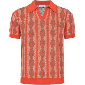 NWT OXKNIT Polo Shirt Mens 2XL Argyle Orange Diamond Short Sleeve Stretch